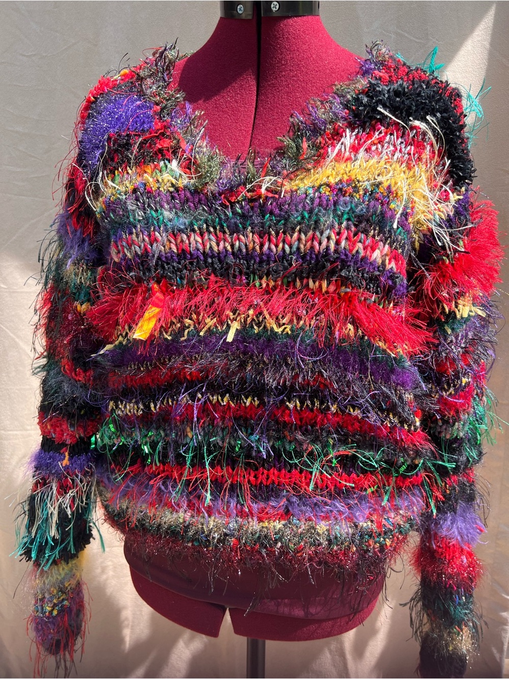 Handmade Multicolor Textured Art Knit Sweater Fuzzy Fringe Pullover Size S-M